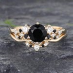 2PCS Black Onyx Bridal Ring Set Gold Diamond Wedding Ring Set