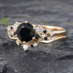 2PCS Black Onyx Bridal Ring Set Gold Diamond Wedding Ring Set