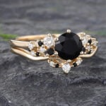 2PCS Black Onyx Bridal Ring Set Gold Diamond Wedding Ring Set