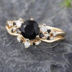 2PCS Black Onyx Bridal Ring Set Gold Diamond Wedding Ring Set