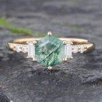 Hexagon Moss Agate Gold Ring Moissanite Ring for Women