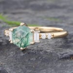 Hexagon Moss Agate Gold Ring Moissanite Ring for Women