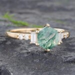 Hexagon Moss Agate Gold Ring Moissanite Ring for Women