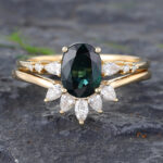 Green Blue Sapphire Set Yellow Gold Engagement Rings Oval