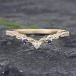 Moissanite & Sapphire Curved Wedding Band Anniversary Band 14K Yellow Gold