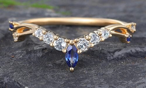 Vintage Sapphire & Aquamarine Curved Wedding Band 14K Yellow Gold