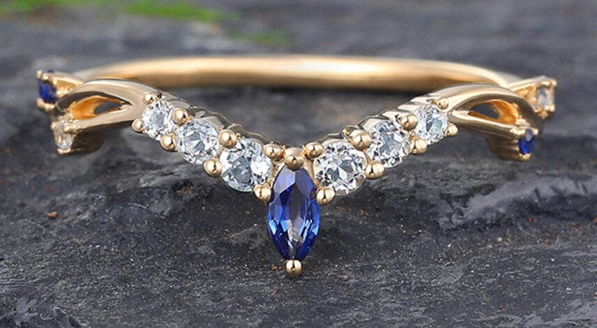 Vintage Sapphire & Aquamarine Curved Wedding Band 14K Yellow Gold Vintage Sapphire & Aquamarine Curved Wedding Band 14K Yellow Gold