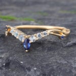 Vintage Sapphire & Aquamarine Curved Wedding Band 14K Yellow Gold