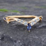 Vintage Sapphire & Aquamarine Curved Wedding Band 14K Yellow Gold