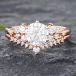 2PCS Round Moissanite Crown Engagement Ring Set Rose Gold Bridal Set