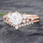 2PCS Round Moissanite Crown Engagement Ring Set Rose Gold Bridal Set
