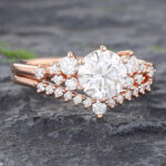 2PCS Round Moissanite Crown Engagement Ring Set Rose Gold Bridal Set