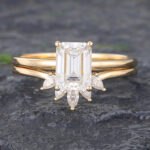 2PCS Emerald Cut Moissanite Engagement Ring Set Women Bridal Ring Set