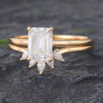 2PCS Emerald Cut Moissanite Engagement Ring Set Women Bridal Ring Set