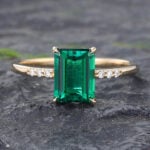 Unique Emerald Engagement Ring Yellow Gold Anniversary Ring For Women