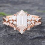 2PCS Long Hexagon Cut Moissanite Filigree Bridal Ring Set 14K Rose Gold