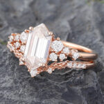 2PCS Long Hexagon Cut Moissanite Filigree Bridal Ring Set 14K Rose Gold