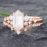 2PCS Long Hexagon Cut Moissanite Filigree Bridal Ring Set 14K Rose Gold