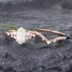 2PCS Long Hexagon Cut Moissanite Filigree Bridal Ring Set 14K Rose Gold
