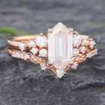 2PCS Long Hexagon Cut Moissanite Filigree Bridal Ring Set 14K Rose Gold