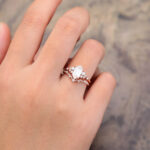 2PCS Long Hexagon Cut Moissanite Filigree Bridal Ring Set 14K Rose Gold