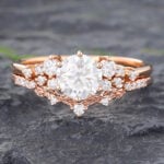 2PCS Rose Gold Moissanite Filigree Engagement Ring Set Vintage Bridal Set