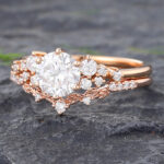 2PCS Rose Gold Moissanite Filigree Engagement Ring Set Vintage Bridal Set