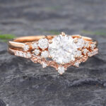 2PCS Rose Gold Moissanite Filigree Engagement Ring Set Vintage Bridal Set