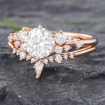 2PCS Round Moissanite Bridal Ring Set Rose Gold Cluster Engagement Ring Set