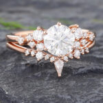 2PCS Round Moissanite Bridal Ring Set Rose Gold Cluster Engagement Ring Set