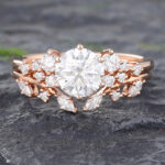 1CT Round Moissanite Bridal Ring Set with Rose Gold Curved Wedding Band