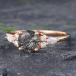 Vintage Black Rutilated Quartz Cluster Engagement Ring Rose Gold