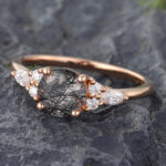 Vintage Black Rutilated Quartz Cluster Engagement Ring Rose Gold