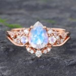 2PCS Moonstone & Diamond Cluster Engagement Ring Set Rose Gold