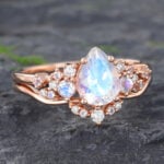 2PCS Moonstone & Diamond Cluster Engagement Ring Set Rose Gold