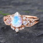 2PCS Moonstone & Diamond Cluster Engagement Ring Set Rose Gold