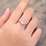 2PCS Moonstone & Diamond Cluster Engagement Ring Set Rose Gold