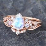 2PCS Moonstone & Diamond Cluster Engagement Ring Set Rose Gold
