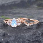 2PCS Moonstone & Diamond Cluster Engagement Ring Set Rose Gold