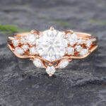 Round Moissanite Engagement Ring Set Rose Gold Bridal Set - 2PCS