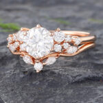 Round Moissanite Engagement Ring Set Rose Gold Bridal Set - 2PCS