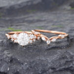 Round Moissanite Engagement Ring Set Rose Gold Bridal Set - 2PCS