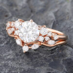 Round Moissanite Engagement Ring Set Rose Gold Bridal Set - 2PCS