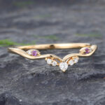 Yellow Gold Diamond and Amethyst Curved Wedding Band