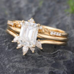 3PCS Emerald Cut Moissanite Bridal Ring Set for Women 14K Yellow Gold