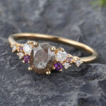 Vintage Salt & Pepper Diamond Ring for Engagement 14K Yellow Gold