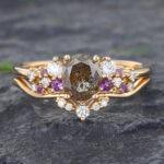 2PCS Salt & Pepper Diamond Cluster Engagement Ring Set Yellow Gold