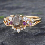 2PCS Salt & Pepper Diamond Cluster Engagement Ring Set Yellow Gold
