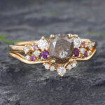 2PCS Salt & Pepper Diamond Cluster Engagement Ring Set Yellow Gold