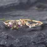 2PCS Salt & Pepper Diamond Cluster Engagement Ring Set Yellow Gold